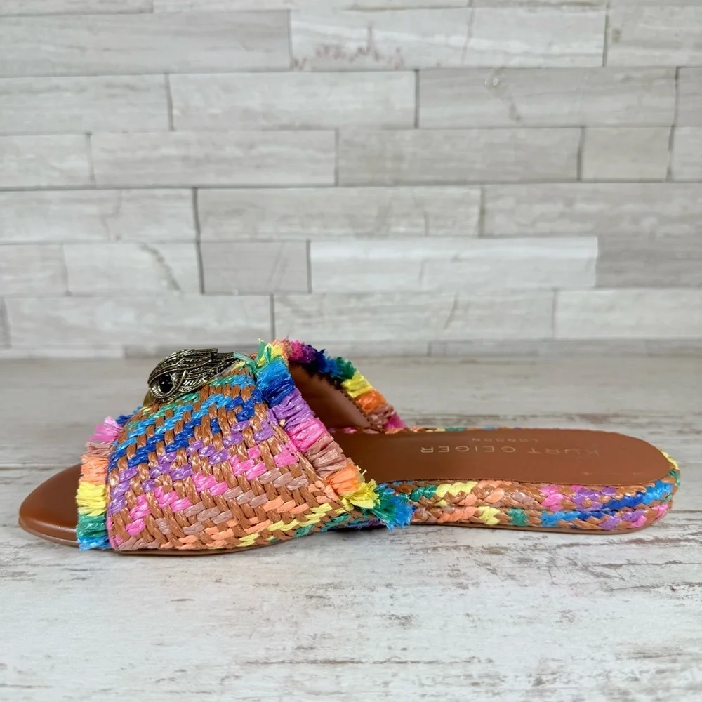 Kurt Geiger Kensington Eagle Casual Flat Raffia Slide Sandals EU 37 New Rainbow - Picture 12 of 16